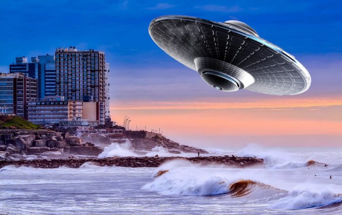A superimposed UFO on a coastal city