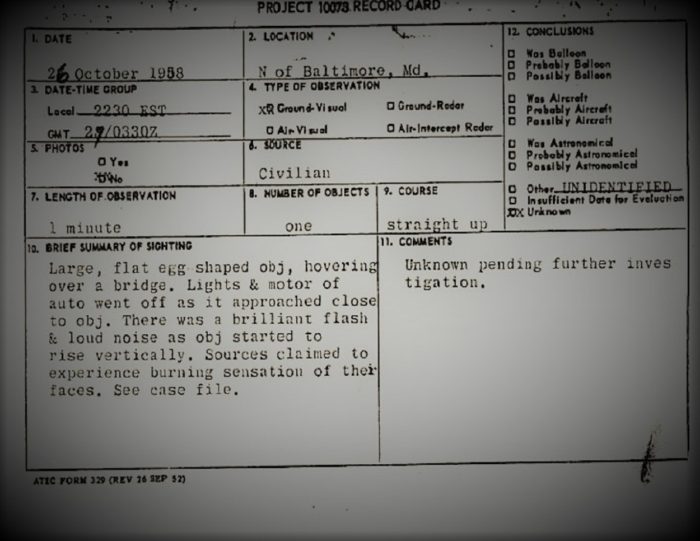 A page from the official report of the UFO sighting