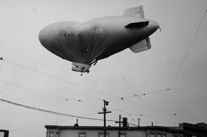 Picture showing the L-8 Blimp beginning to sag