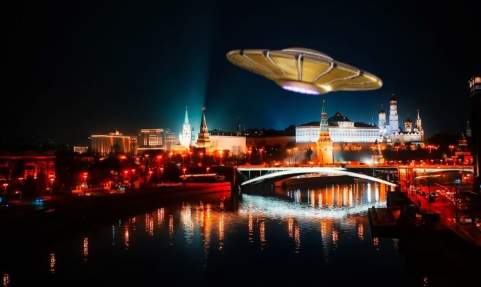 A depiction of a UFO over a lake in Russia