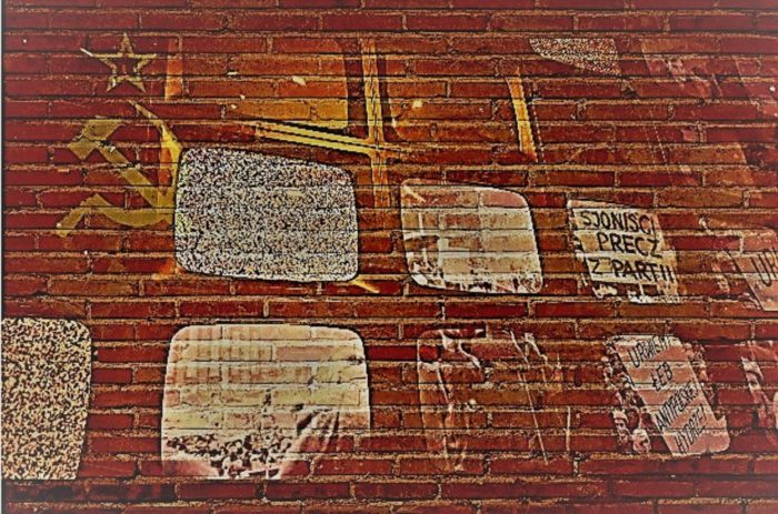 A depiction of television screens with a Soviet flag over the top