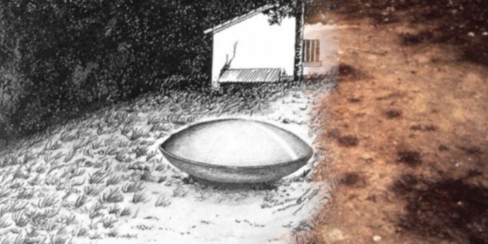 A sketch of the Trans-en-Provence UFO blended into a picture of the markings on the ground