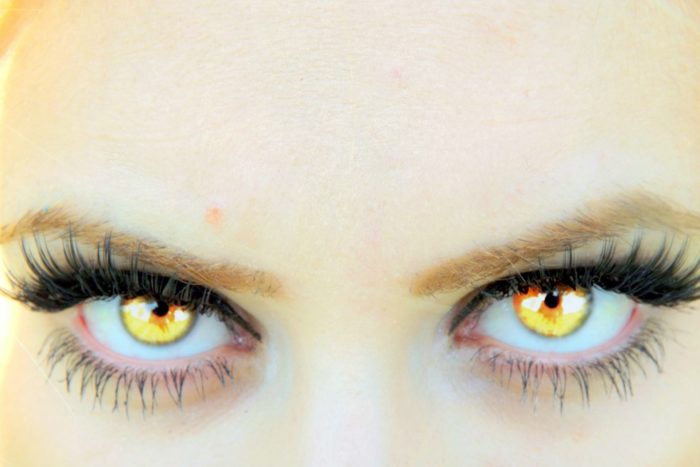 A pair of vampire-like bright yellow eyes