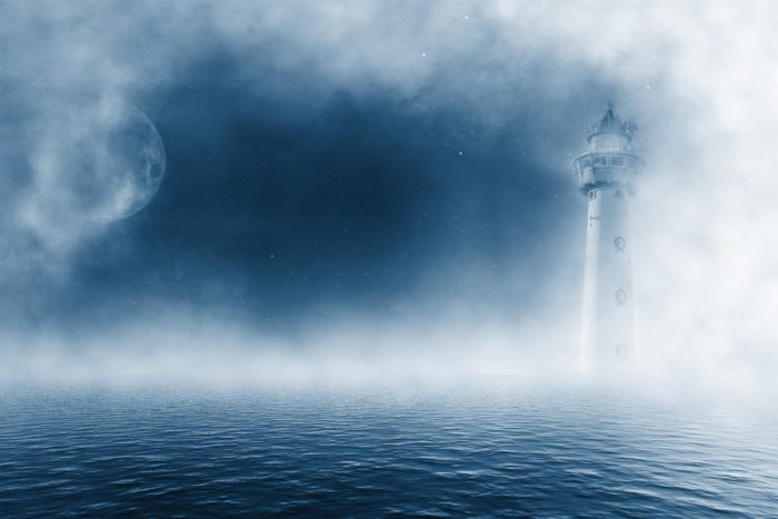 A depiction of a lighthouse in a misty setting