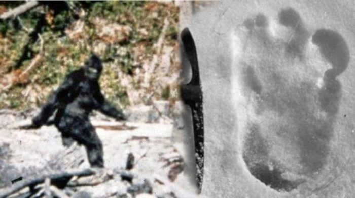 A picture of Bigfoot blended into a huge footprint in the snow