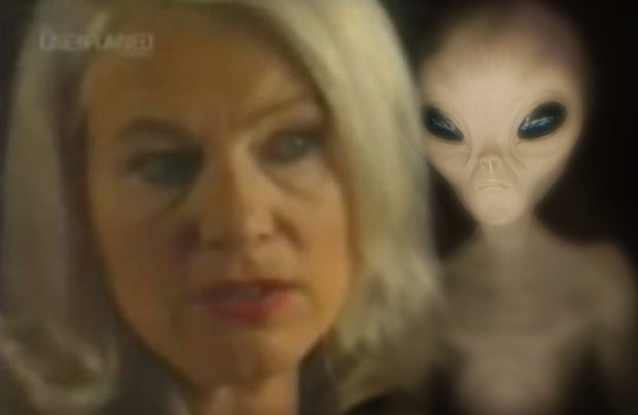 Lynda Jones with a superimposed alien behind her