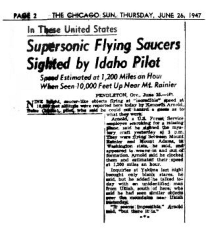 Newspaper report of the UFO sighting