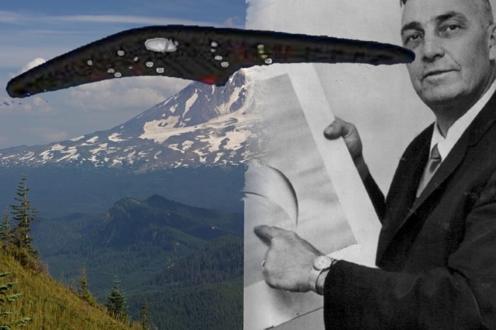 Mount Adams blended into a picture of Arnold holding a sketch of the craft 