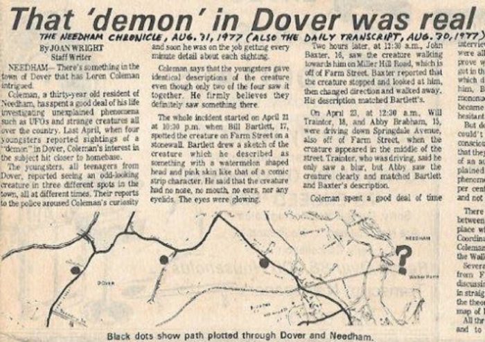 A newspaper clipping of the Dover Demon