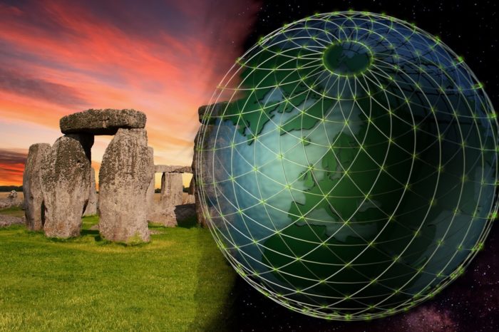 Stonehenge blended into a depiction of an Energy Grid around the Earth