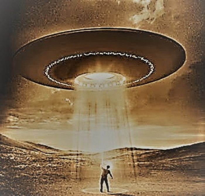 A depiction of an alien abduction