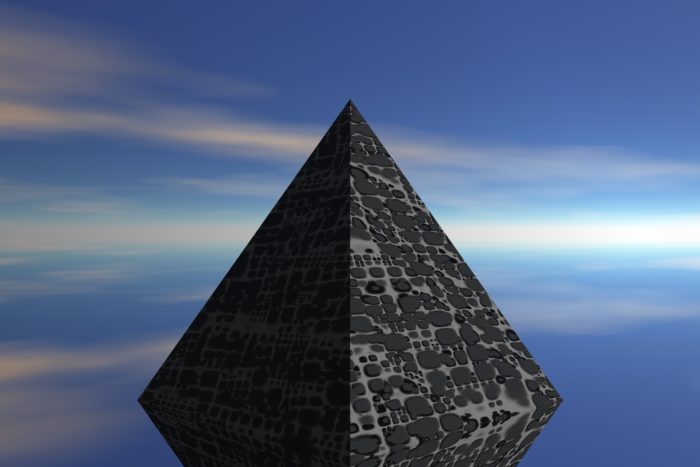 A Black Pyramid against a sky blue background