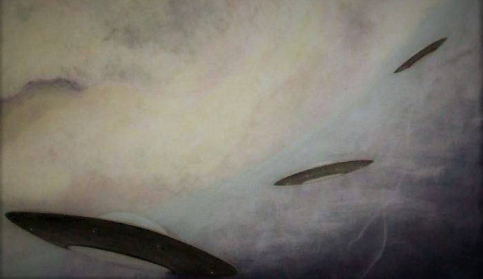 A depiction of UFOs flying through a cloudy sky