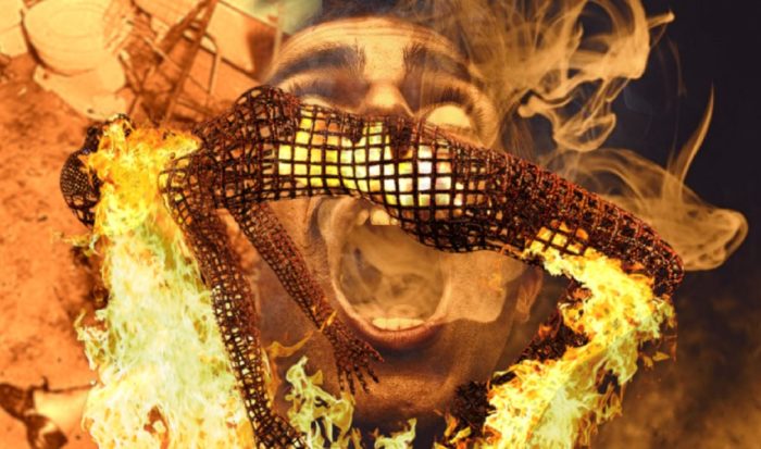 A depiction of a head bursting into flames with a laid out wicker body superimposed on top