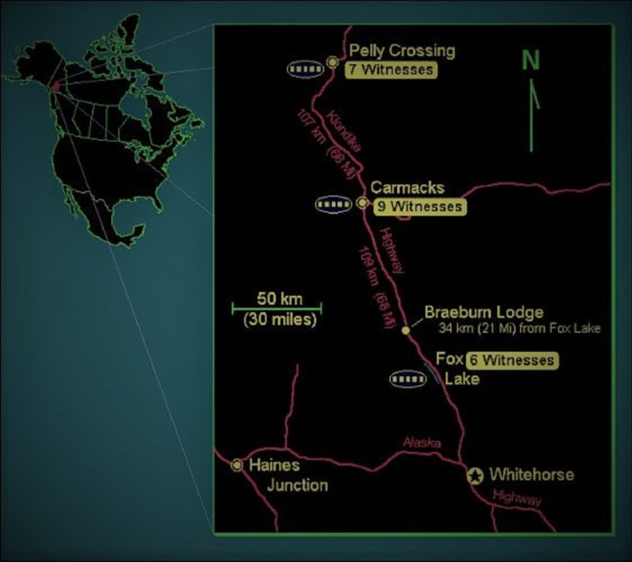 Map detailing sightings in the Yukon area