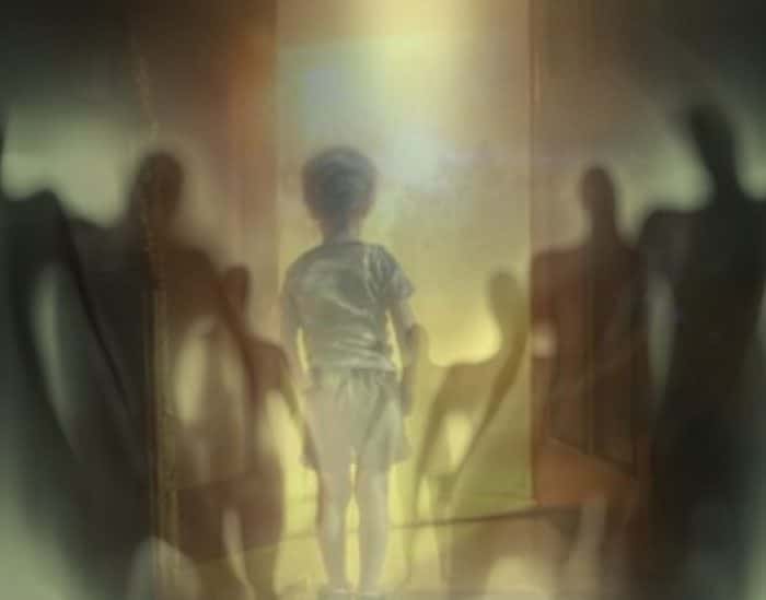 A depiction of a child staring into a doorway with strange shadow people superimposed over the top