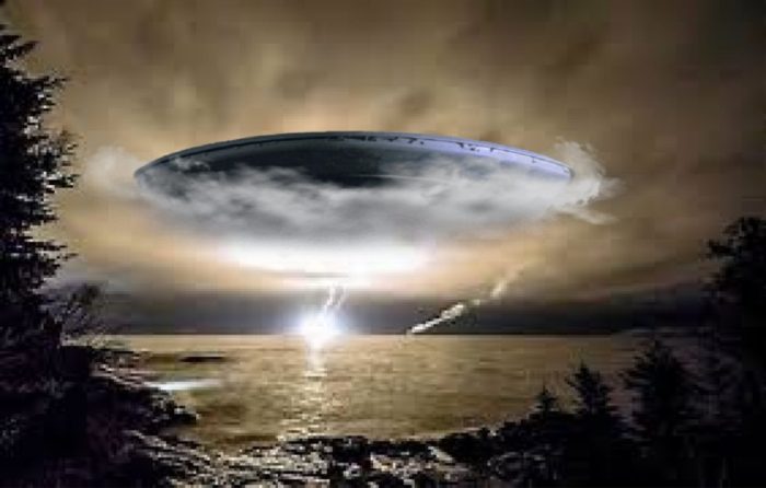 A depiction of a UFO emerging from clouds above a lake