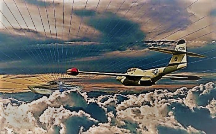 A depiction of a UFO with a military fighter approaching 