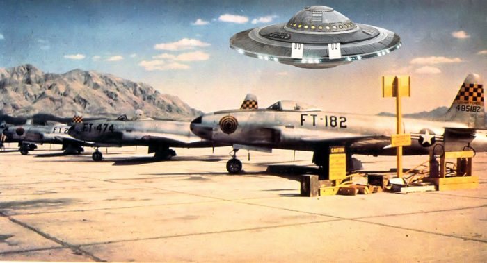 UFO superimposed over 1950s Nellis Air Force Base