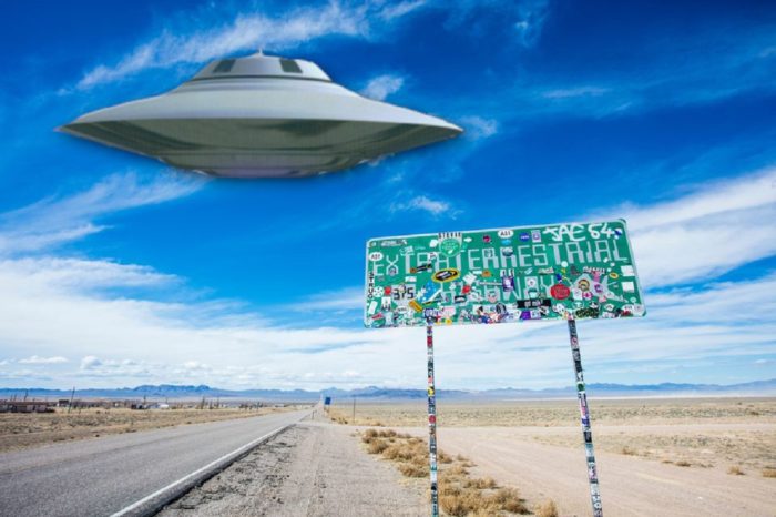 A superimposed UFO over the Extraterrestrial Highway sign