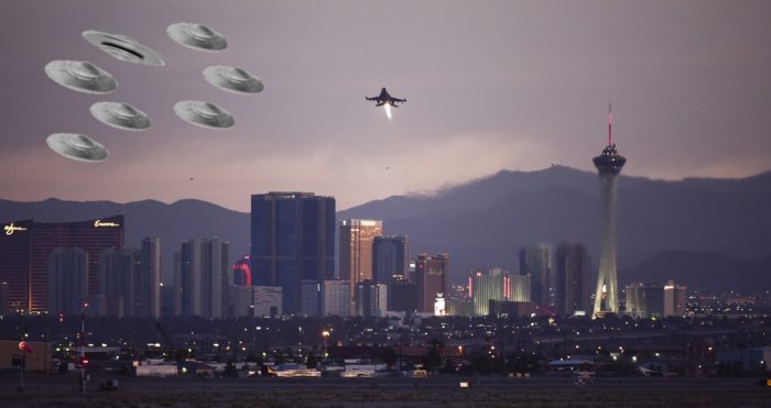 Superimposed fleet of UFOs over Las Vegas