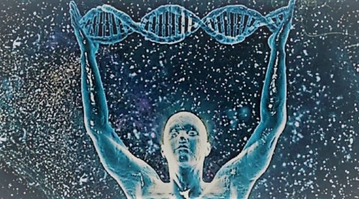 A space background with an enlightened person holding a strand of DNA above them