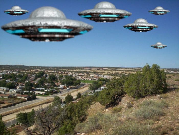 A depiction of multiple UFOs over New Mexico