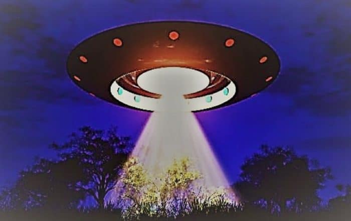 A depiction of a UFO over trees