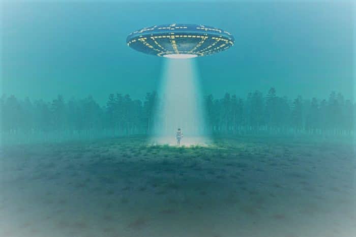 Depiction of a UFO shining a light on a person