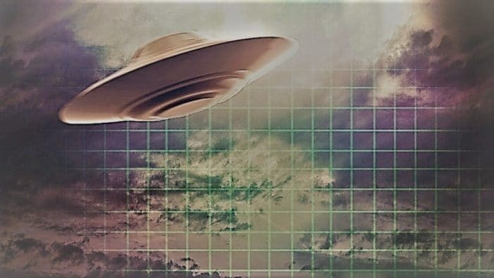 A depiction of a UFO in a clouded sky 