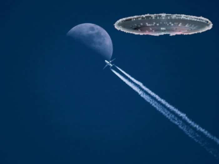 Superimposed UFO over an image of a plane flying past the moon