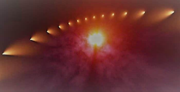 A depiction of strange lights in the sky