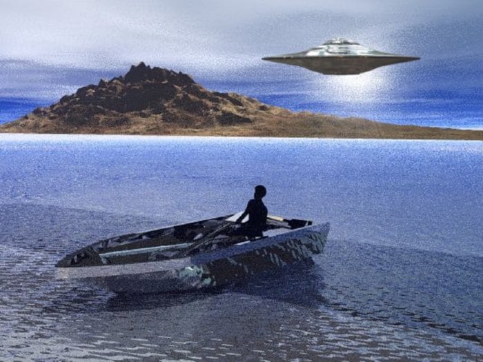 Depiction of a UFO over a lake