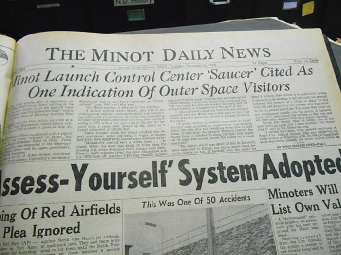 Newspaper clipping of the 1966 Minot Air Force Base incident