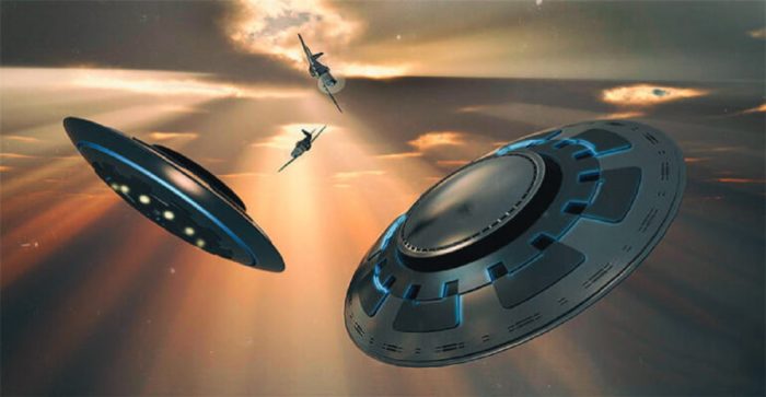 A depiction of a UFO with military jets in pursuit