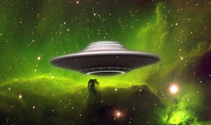 A depiction of a UFO in outer space