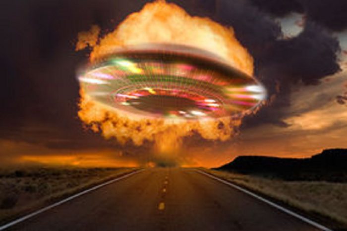 A depiction of a UFO over a lonely road