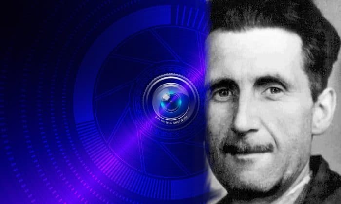 George Orwell blended into a futuristic security camera