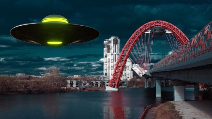 A depiction of a UFO over a Soviet river