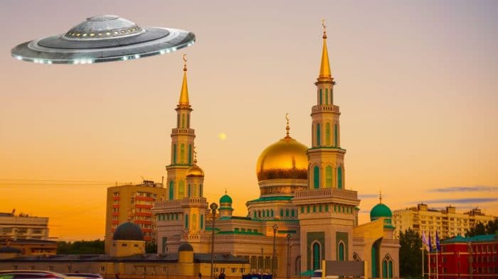 A depiction of a UFO over a Soviet building 