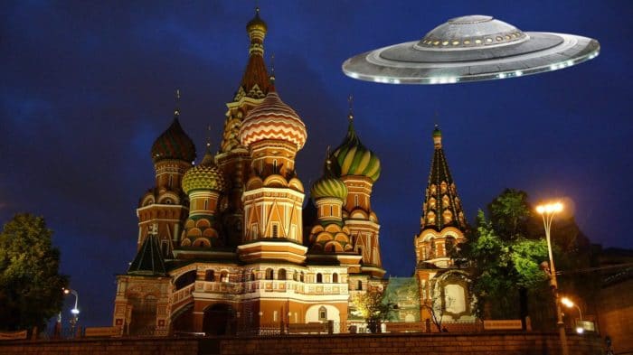 A depiction of a UFO over a Soviet building 