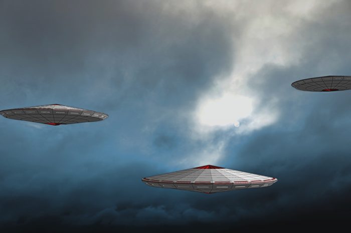 A depiction of UFOs in a cloudy sky