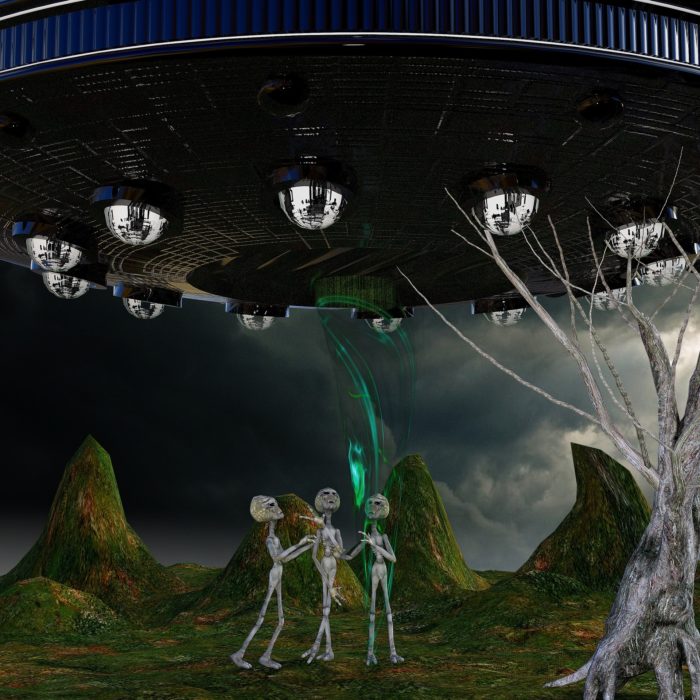 A depiction of three aliens standing underneath a UFO