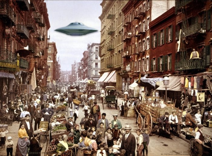 A depiction of a UFO in 1800s New York