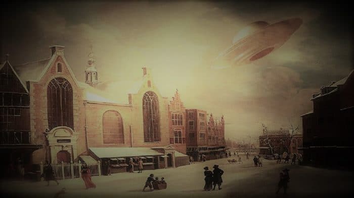 A depiction of a UFO over late 1800s New York