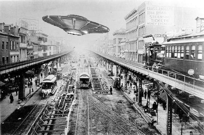 A depiction of a UFO over late 1800s New York