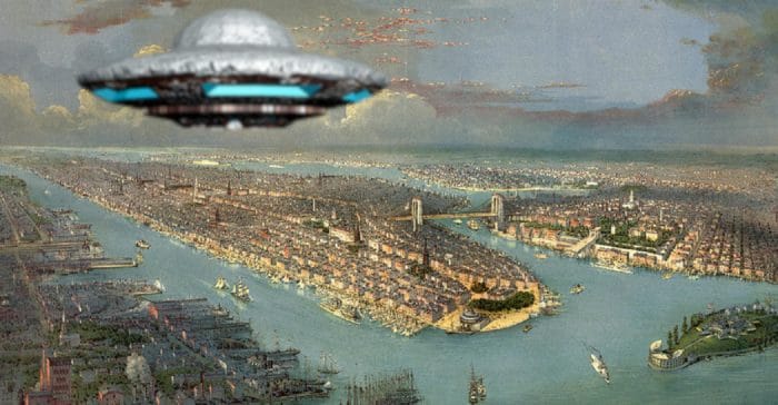 A depiction of a UFO over late 1800s New York