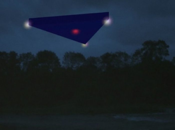 Depiction of a black triangle UFO over woodland