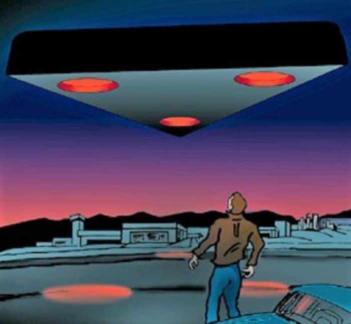 A depiction of a black triangle UFO