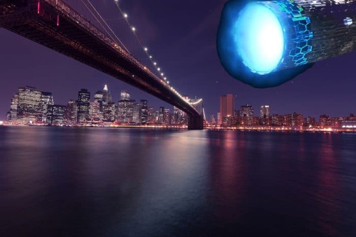 A depiction of a UFO over the Brooklyn Bridge